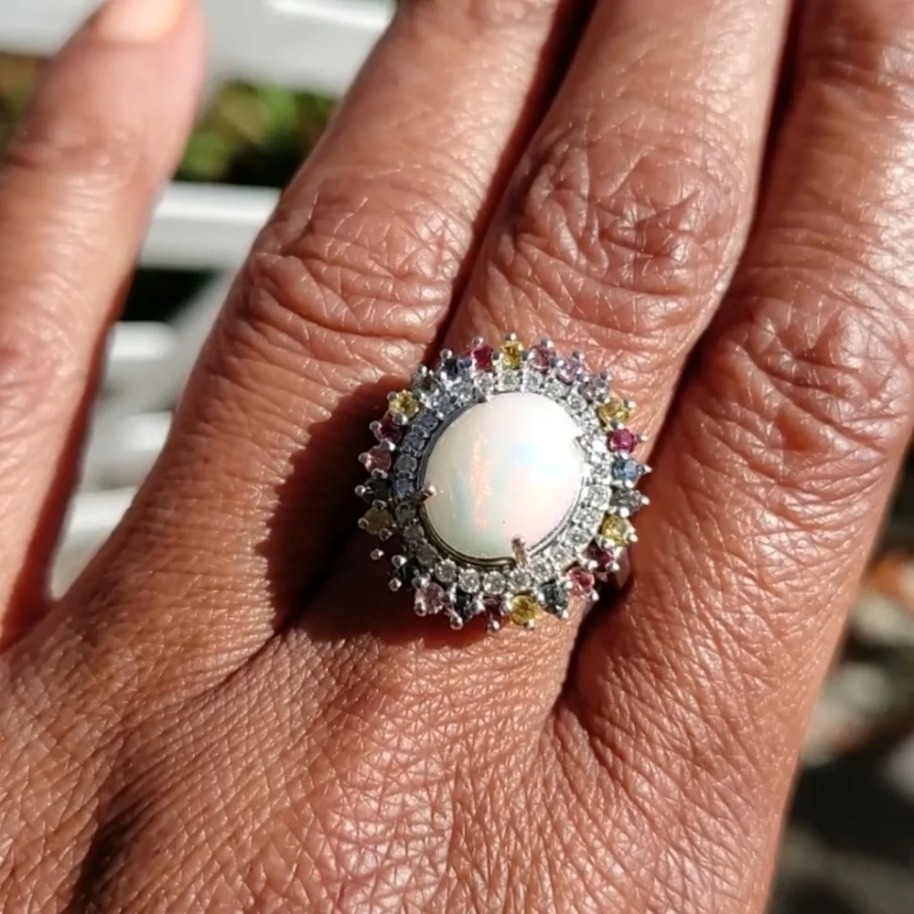 Ethiopian Welo opal, multi Sapphire, & Zircon Halo Cocktail Ring Platinum Plated